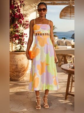 AMUR‎ Pastel Floral Cutout Midi Dress Beaded Straps Resort Dress Size 8